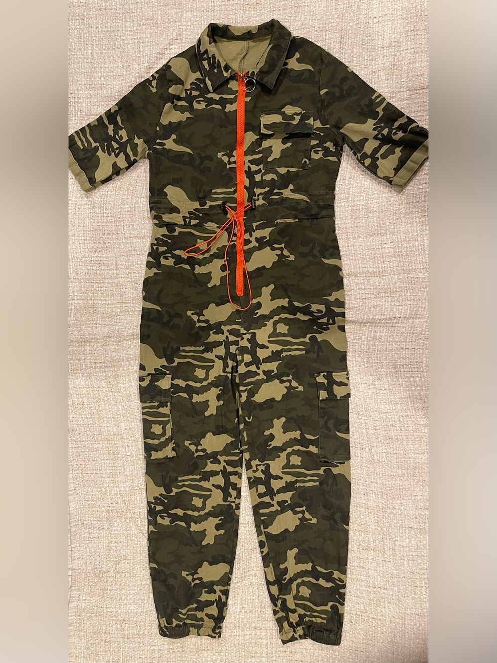 Women’s Camo One-Piece Jumpsuit with Orange Zip